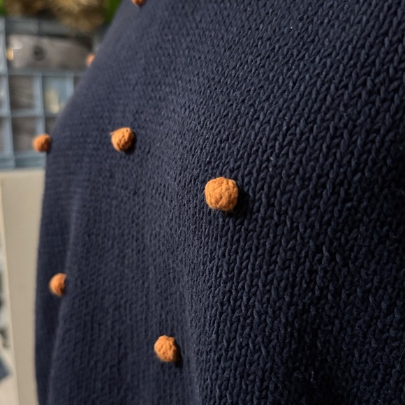 Madewell Wellesly Bobble Cotton Cropped Sweater-Sz S-Navy/Brown Pom Pom Detail - Picture 4 of 16